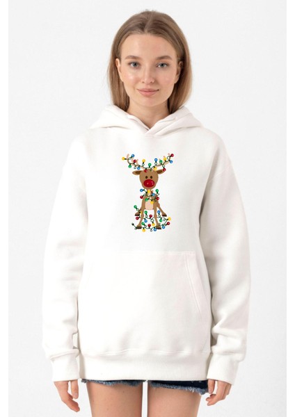 Adorable Reindeer Christmas Beyaz Kadın 3ip Kapşonlu Sweatshirt