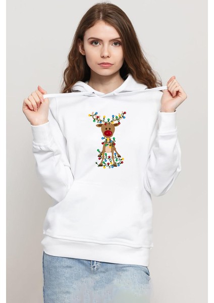 Adorable Reindeer Christmas Beyaz Kadın 3ip Kapşonlu Sweatshirt
