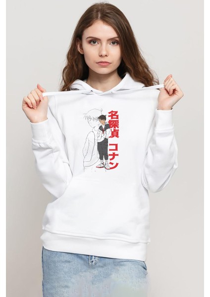 Detective Conan Anime Shinichi Kudo Beyaz Kadın 3ip Kapşonlu Sweatshirt