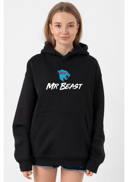 Mr Beast Siyah Kadın 3ip Kapşonlu