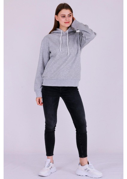 Gri Basic Oversize Kadın Kapüşonlu Hoodie 3 Iplik Sweatshirt modelleri