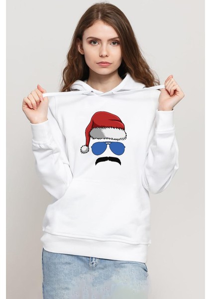 Mustache Christmas Hero Beyaz Kadın 3ip Kapşonlu Sweatshirt