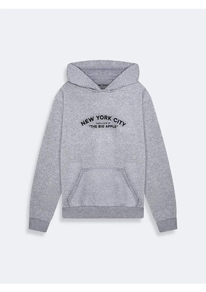 Kadın Sırtı Baskılı Kapüşonlu Fermuarsız Regular Fit Gri Sweatshırt