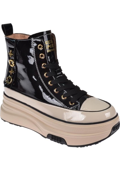 Kalın Tabanlı Günlük Kadın Bot GJ-336 Siyah Rugan Bej
