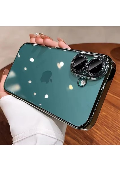 iPhone 16 Kılıf Tam Kamera Korumalı Metalik Parlak Renkli Kenarlı Yumuşak Silikon Lensli Kapak Arkası Şeffaf