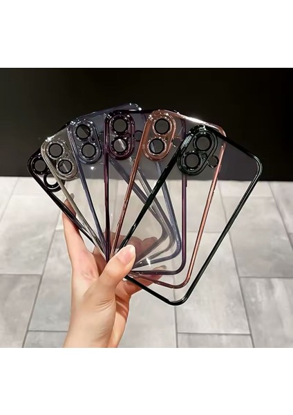 iPhone 16 Kılıf Tam Kamera Korumalı Metalik Parlak Renkli Kenarlı Yumuşak Silikon Lensli Kapak Arkası Şeffaf fiyatları