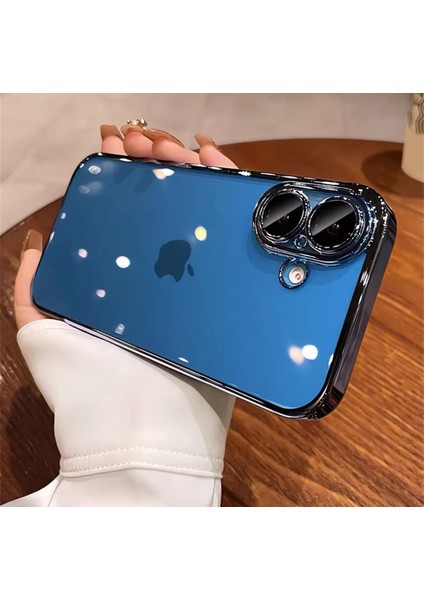 iPhone 16 Plus Kılıf Tam Kamera Lens Koruyucu Metalik Parlak Renkli Kenarlı Yumuşak Silikon Lensli Kapak Arkası Şeffaf