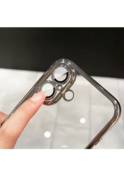 iPhone 16 Plus Kılıf Tam Kamera Lens Koruyucu Metalik Parlak Renkli Kenarlı Yumuşak Silikon Lensli Kapak Arkası Şeffaf