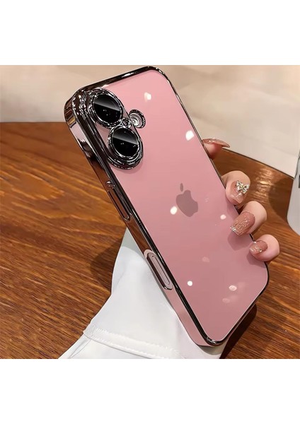 iPhone 16 Plus Kılıf Tam Kamera Lens Koruyucu Metalik Parlak Renkli Kenarlı Yumuşak Silikon Lensli Kapak Arkası Şeffaf