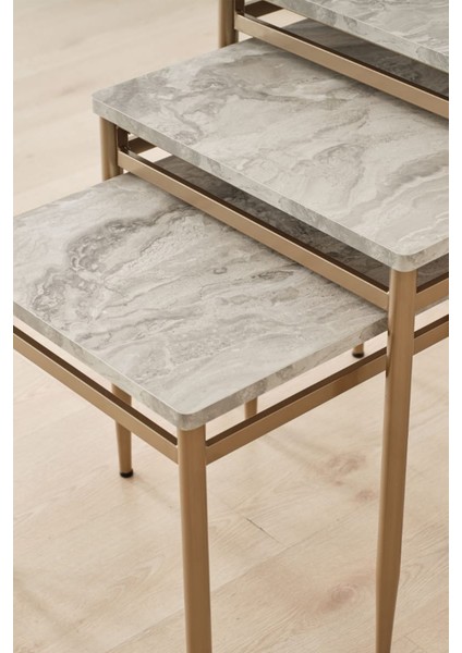 Ladrin Serisi Traverten Desen 1. Sınıf 3’lü Zigon Sehpa Takımı Bronz Ayak indirimleri