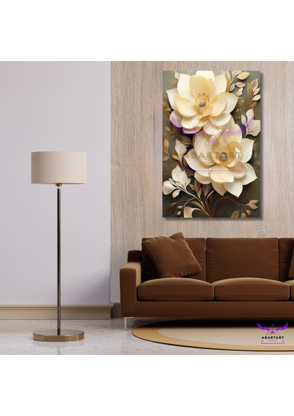 Tekli Dikey Kanvas Modern Duvar Tablosu Dekoratif Krem Rengi Çiçekler