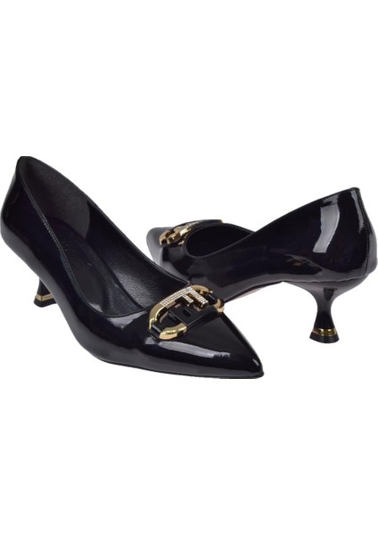 Tokalı 5 cm Topuklu Kadın Ayakkabı İZ-24215 Siyah Rugan indirimleri