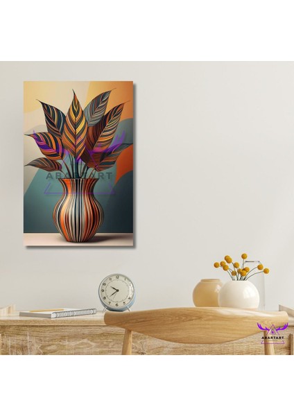 Tekli Dikey Kanvas Şık Salon Tablosu Çizgisel Minimal Yapraklar