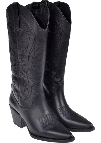 Işlemeli Western Kadın Çizme PLM-011 Siyah