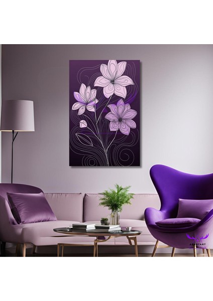 Tekli Dikey Kanvas Modern Duvar Tablosu Dekoratif Lila Renkli Çiçekler