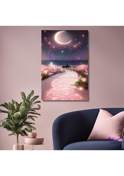 Tekli Dikey Kanvas Modern Duvar Tablosu Gece Ay Işığında Pembe Işıltılı Yol