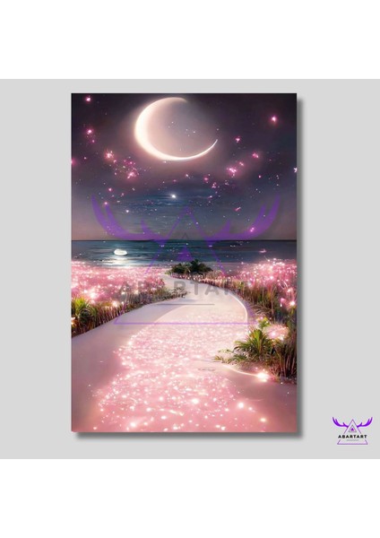 Tekli Dikey Kanvas Modern Duvar Tablosu Gece Ay Işığında Pembe Işıltılı Yol
