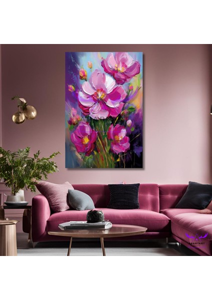 Tekli Dikey Kanvas Yağlı Boya Görünümlü Pembe Çiçekler