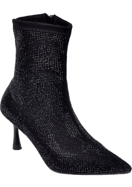 Taşlı Likra Topuklu Kadın Bot İZ-201 Siyah Süet