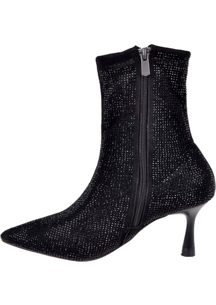 Taşlı Likra Topuklu Kadın Bot İZ-201 Siyah Süet modelleri