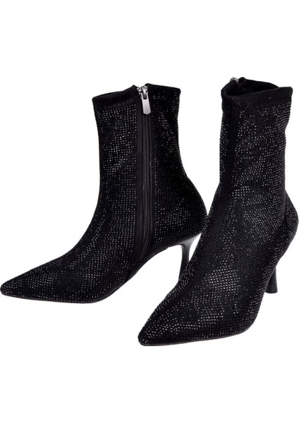 Taşlı Likra Topuklu Kadın Bot İZ-201 Siyah Süet fırsatları