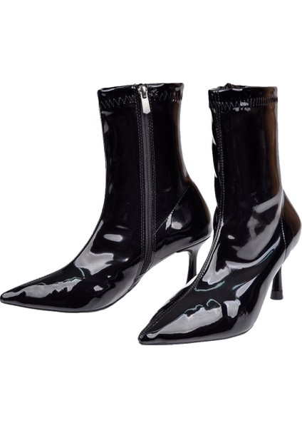 Likralı Topuklu Kadın Bot İZ-200 Siyah Rugan fırsatları