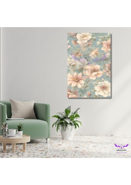 Tekli Dikey Kanvas Salon Tablosu Yeşil Yapraklı Krem Rengi Çiçekler