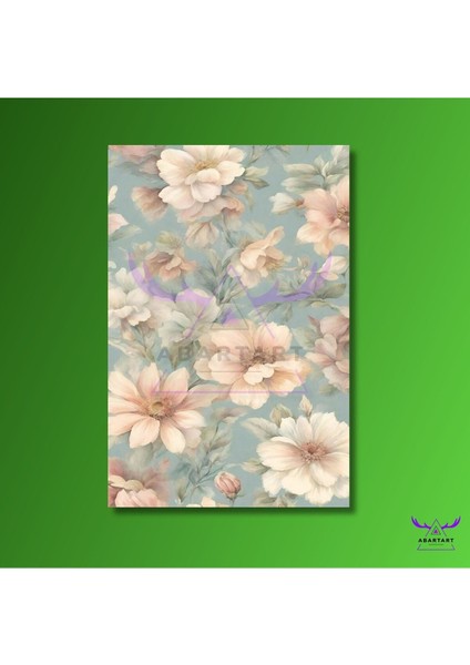 Tekli Dikey Kanvas Salon Tablosu Yeşil Yapraklı Krem Rengi Çiçekler