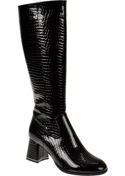 Topuklu Kadın Çizme İZ-600 Siyah Rugan