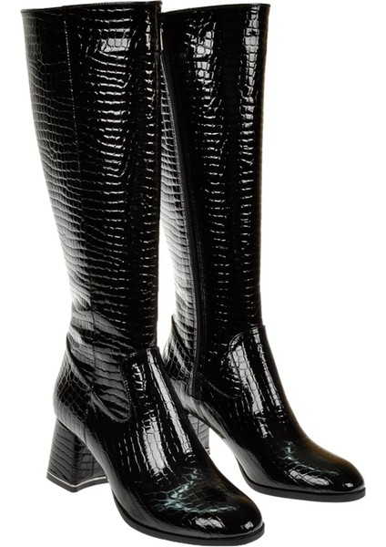 Topuklu Kadın Çizme İZ-600 Siyah Rugan indirimleri