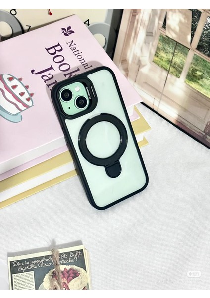 iPhone 15 Uyumlu Siyah Magsafe ve Metal Kamera Çerçevesi Standlı Şeffaf Kılıf