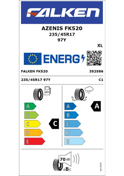 235/45 R17 97Y Xl Azenis FK520 Oto Yaz Lastiği (Üretim Yılı:2024)