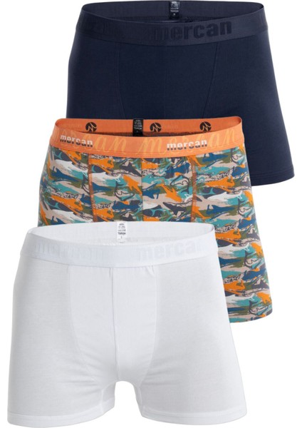 3'lü Erkek Çok Renkli Pamuklu Likralı Boxer (Beyaz Lacivert Shark)