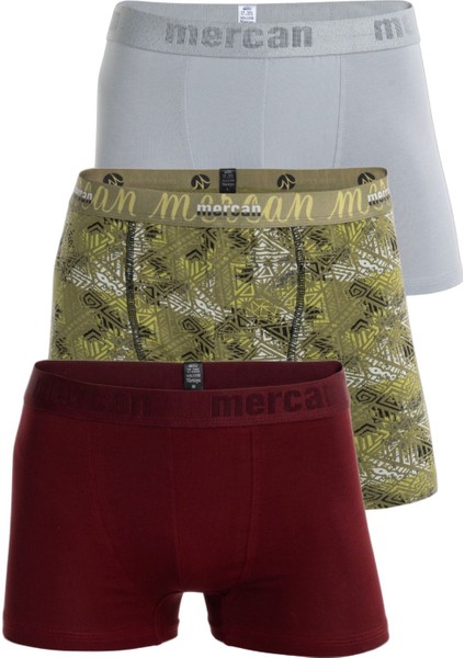 Erkek Çok Renkli 3'lü Likralı Pamuklu Boxer (Bordo Gri Tılsım)