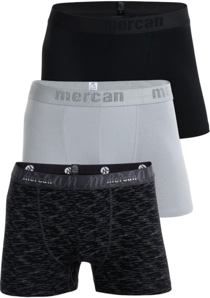 Erkek Çok Renkli 3'lü Likralı Pamuklu Boxer (Siyah Gri Uzay)