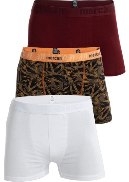 Erkek Çok Renkli 3'lü Likralı Pamuklu Boxer (Beyaz Bordo Geometrik)