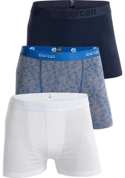 3'lü Erkek Çok Renkli Pamuklu Likralı Boxer (Lacivert Sdf Beyaz)