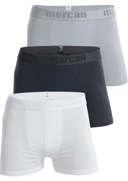 Erkek Pamuklu Likralı Çok Renkli Esnek 3'lü Boxer (Beyaz Antrasit Gri)
