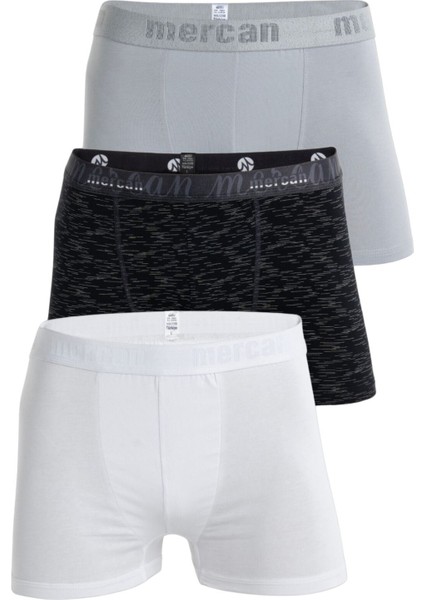 Erkek Çok Renkli 3'lü Likralı Pamuklu Boxer (Beyaz Gri Uzay)