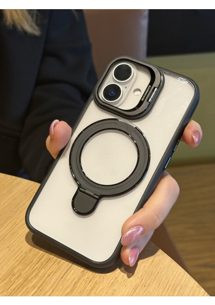 iPhone 16 Plus Uyumlu Siyah Magsafe ve Metal Kamera Çerçevesi Standlı Şeffaf Kılıf