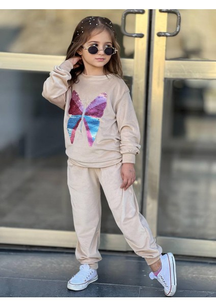 Kelebek Pul Nakışlı Kadife Alt-Üst Kız Çocuk Eşofman Takımı Sweatshirt fiyatları