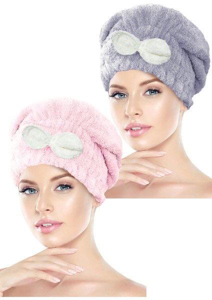 2 Adet Mikrofiber Saç Havlusu Bonesi Lastikli Fiyonklu