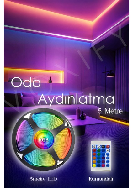 Tak Çalıştır Oda Aydınlatma Sistemi 5 Metre Rgb Şerit LED Kumandalı Aydınlatma