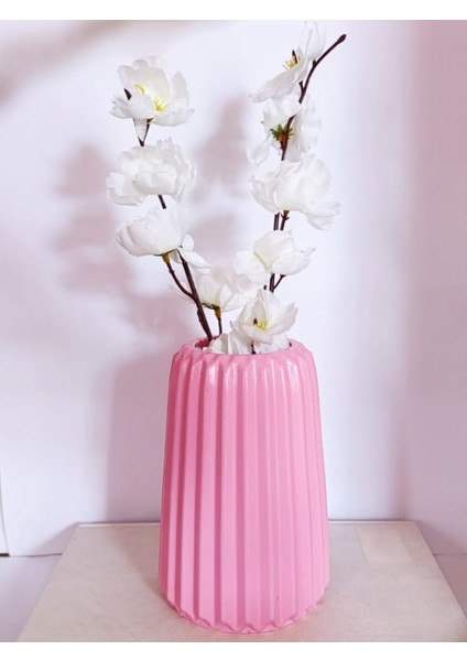 Pastel Pembe Çizgili Büyük Boy Vazo Konik Iskandinav Tarz Bohem Uzun Çizgili Vazo