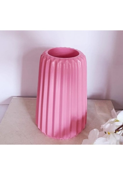 Pastel Pembe Çizgili Büyük Boy Vazo Konik Iskandinav Tarz Bohem Uzun Çizgili Vazo