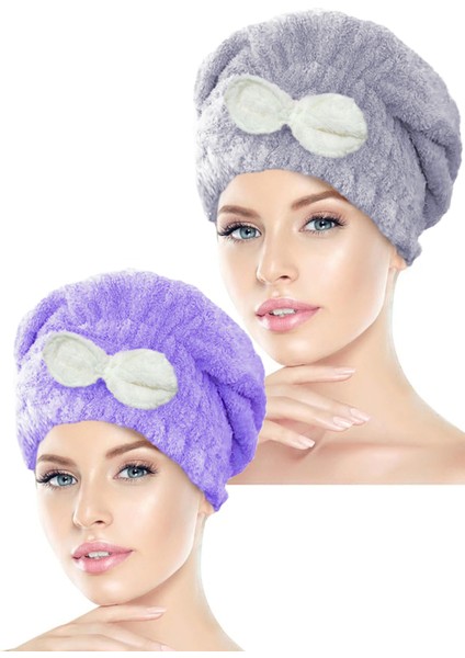 2 Adet Mikrofiber Saç Havlusu Bonesi Lastikli Fiyonklu