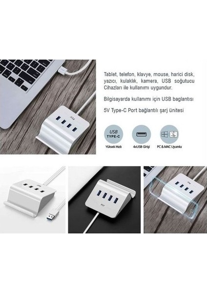 4'lü USB Çoklayıcı Hub Şarj Standı,pc-Mac Uyumlu 1x Type-C Çıkışlı