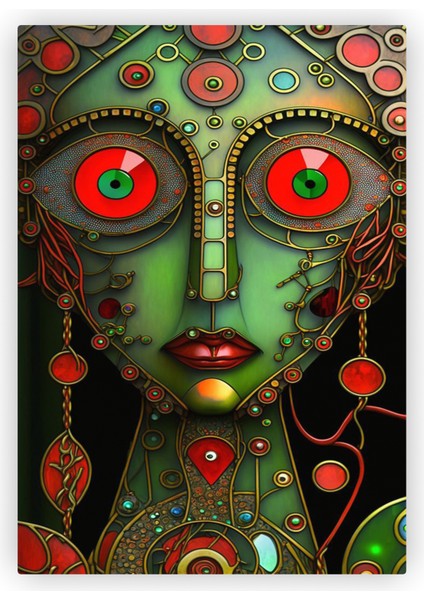 Kırmızı Gözlü Bir Kadının Soyut Portresi Renkli Illüstrasyon Ahşap Poster 20X29 cm