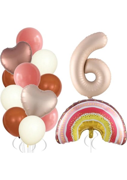 Retro Kalp Krem Rakam Gökkuşağı Yaş Balon Set