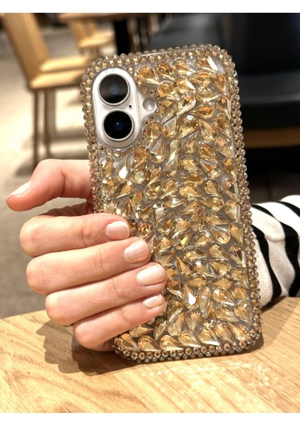 iPhone 16 Uyumlu Lüks Gold Kristal Taşlı Kılıf